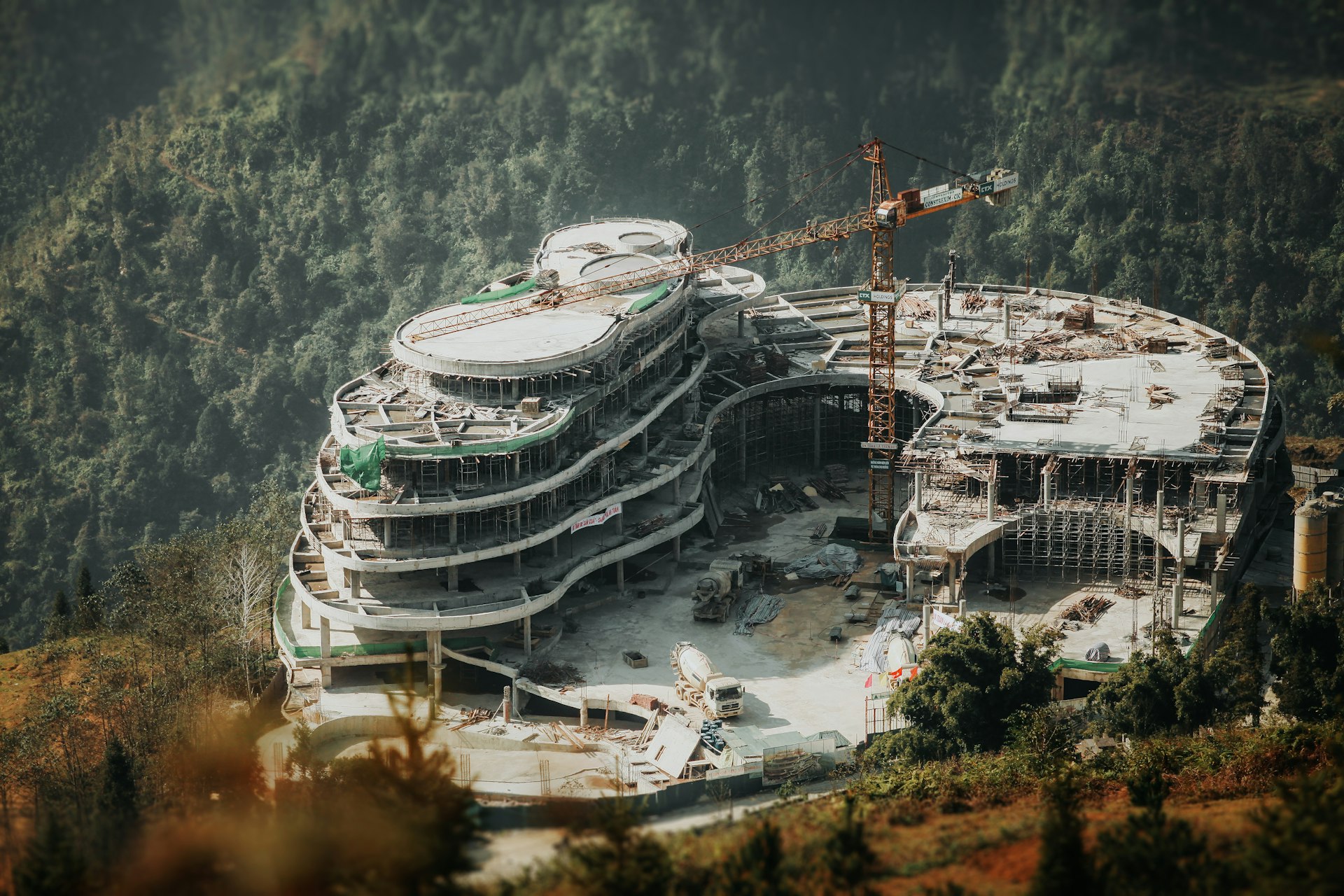 a large building with a crane on top of it